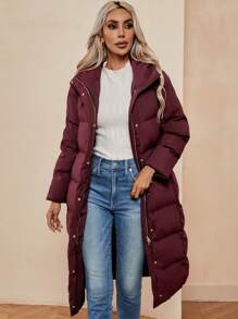 SHEIN LUNE Slant Pocket Hooded Padded Coat - Burgundy - View 6