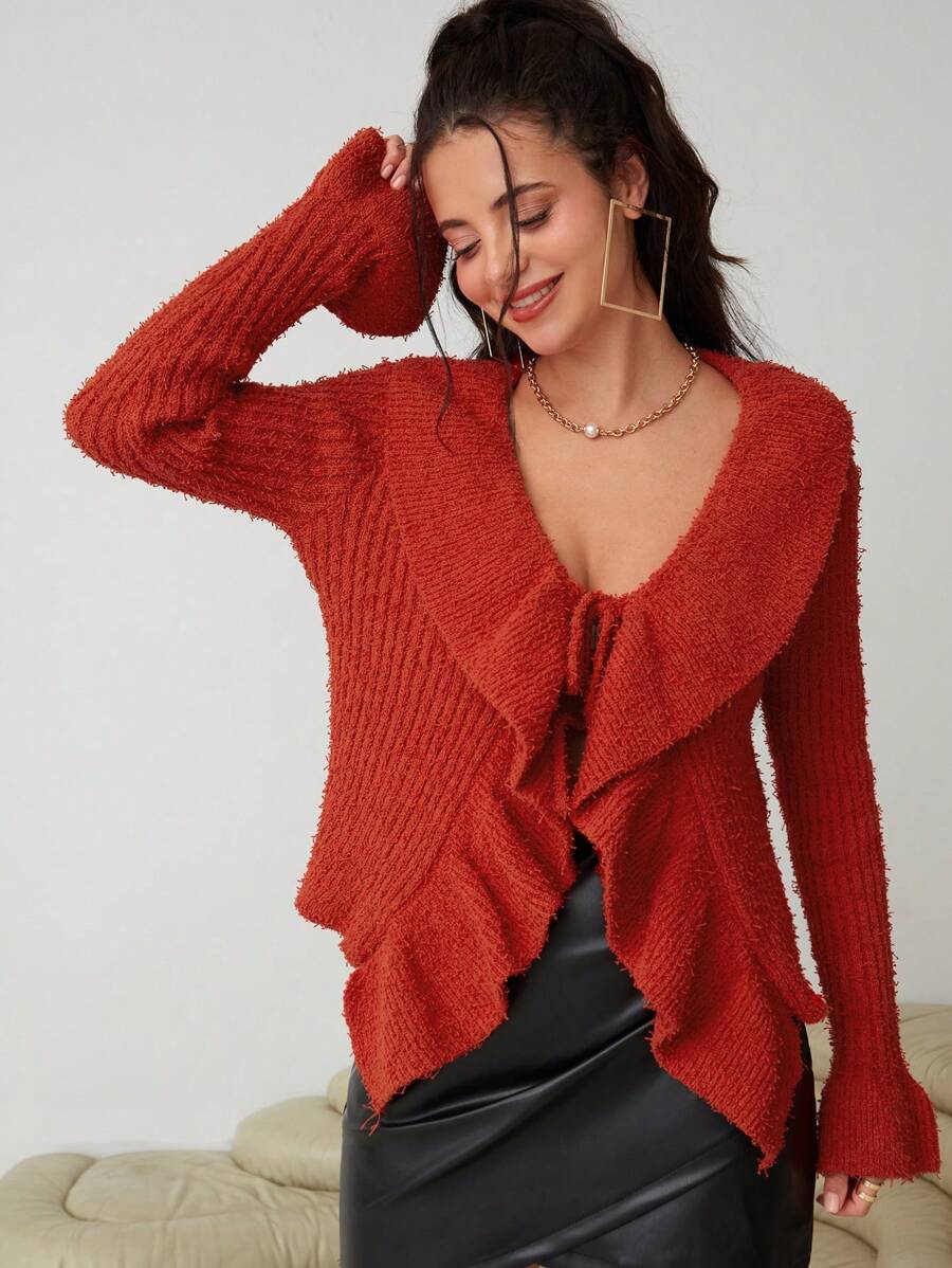 SHEIN Privé Viền Ruffle Tay áo loe Nút phía trước Áo len Mở - Rỉ Nâu - Xem 1