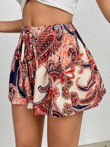 SHEIN VCAY 佩斯利印花前打結闊腿短褲 - 彩色 - 查看 5
