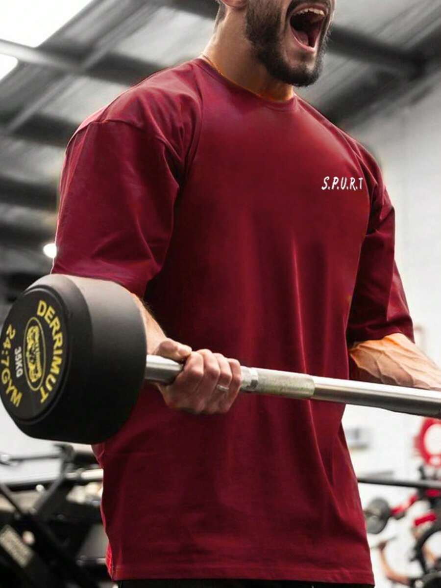 Manfinity Sport PWRUP Boyfriend Style Men Letter Graphic Sports Tee  Workout Tops Workout Tops Gym Top Christmas Breathable - Burgundy - View 1