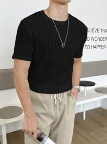 SWAVVY Men Solid Ribbed Knit Tee, Summer - Black - View 4