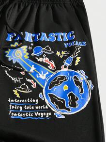 ROMWE MEN Street Life Guys Slogan & Cartoon Graphic Drawstring Waist Sweatpants - Black - View 3