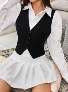 SHEIN EZwear 秋冬款纯色纽扣前开襟马甲（无上衣） - 黑色 - 查看 5