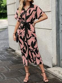 Chiquease 滿版印花蝙蝠袖腰帶襯衫洋裝 - 彩色 - 查看 5