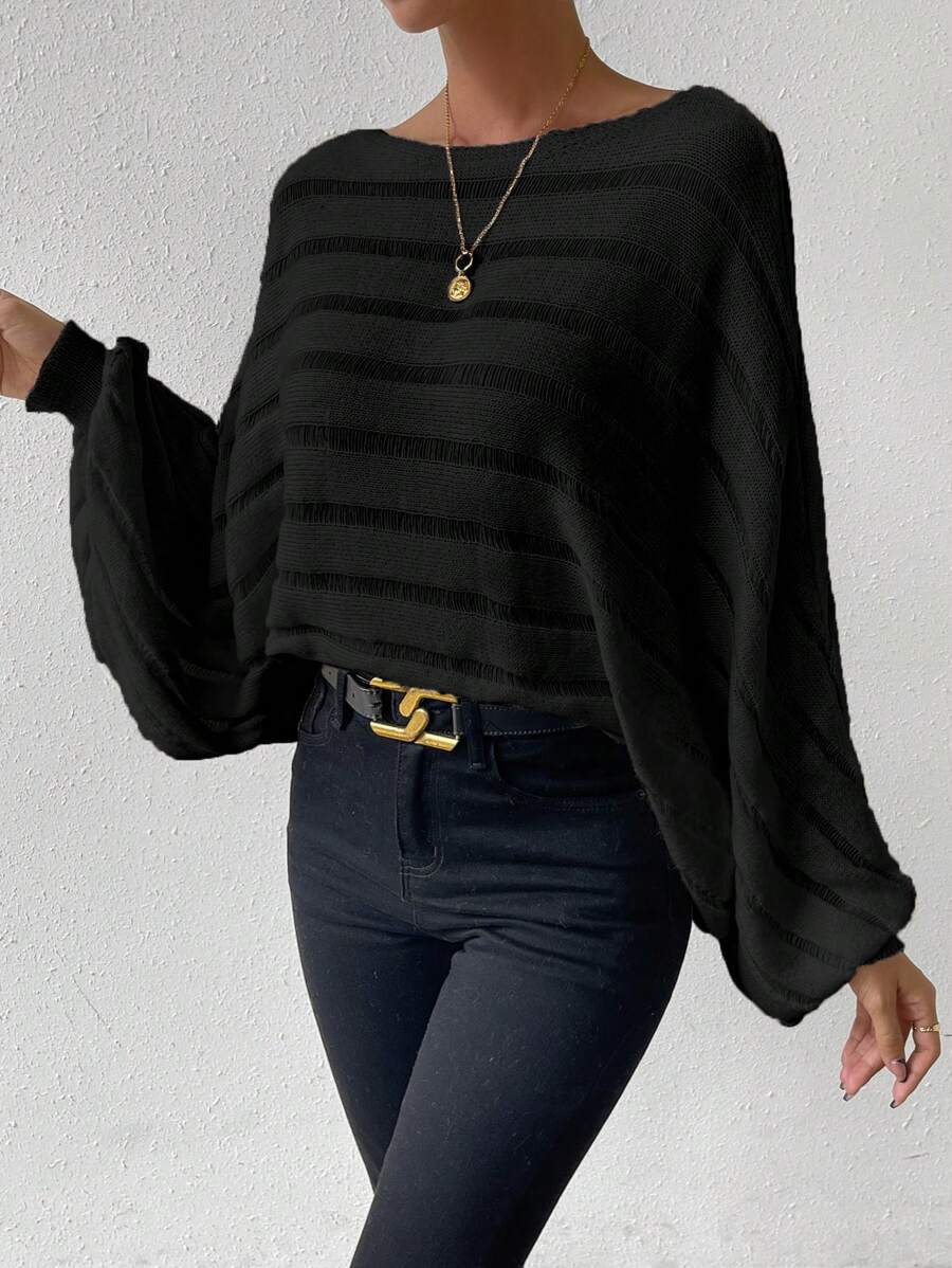 Chiquease Batwing Sleeve Ribbed Knit Pullover Fall Winter Sweater - Black - View 1