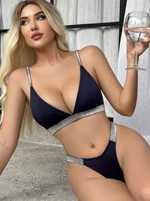 金屬亮絲織帶內衣套裝 - 藏蓝色 - 查看 6