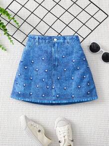 SHEIN Young Girl Pearls & Denim Effect Print Skirt