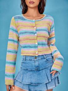 SHEIN Unity Cárdigan con patrón de rayas con botón delantero - Multicolor - Ver 4