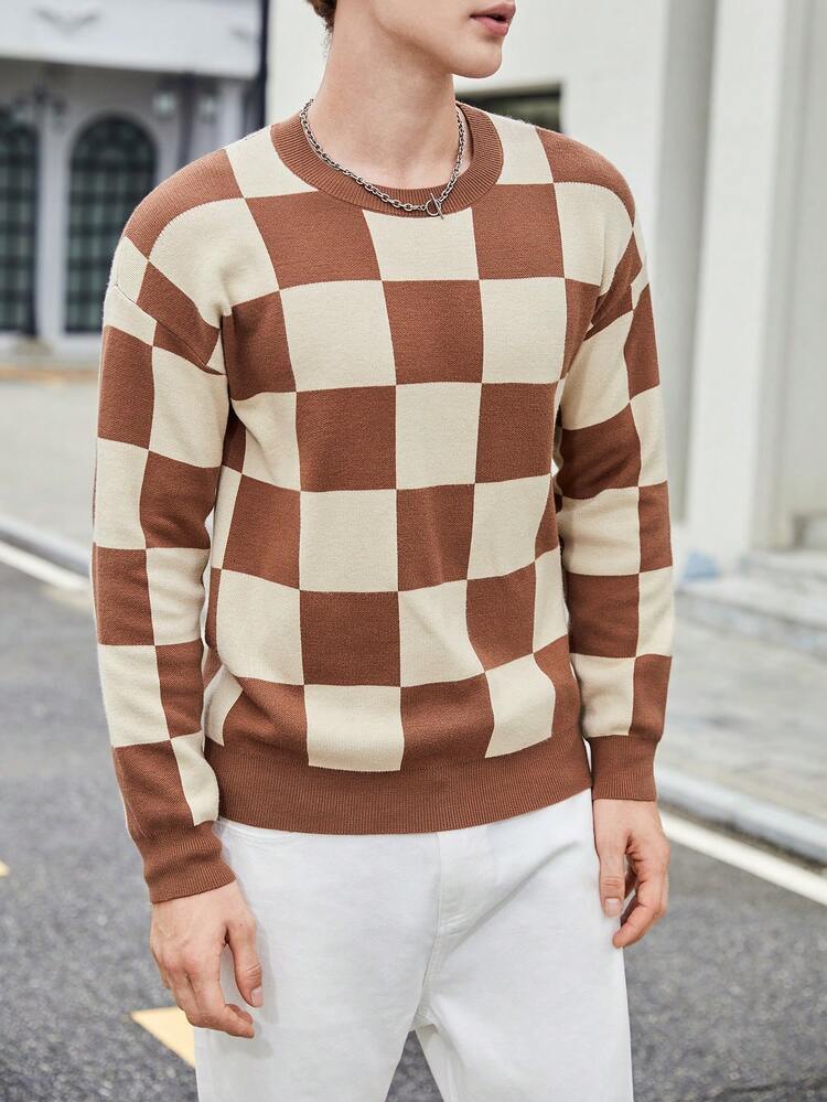 Men Checker Pattern Drop Shoulder Sweater, For Fall Winter