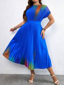 SHEIN Clasi 加大印花褶皱下摆连衣裙 长款女装 - 藍色 - 查看 4