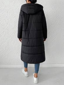 RueChic Zip Up Drawstring Hooded Puffer Coat - Black - View 2