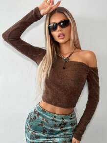 SHEIN ICON Asymmetrical Neck Crop Tee - Chocolate Brown - View 6