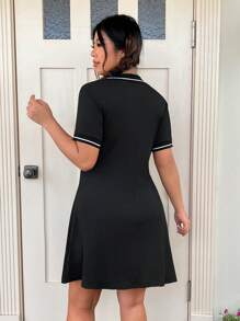 SHEIN EZwear 夏季撞色镶边高领连衣裙 - 黑色 - 查看 2