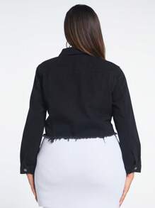 SHEIN Essnce 大碼翻蓋口袋毛邊牛仔夾克 - 黑色 - 查看 2