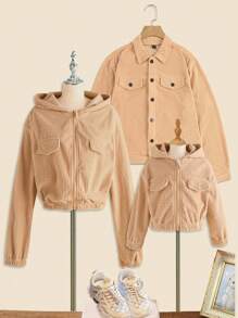 SHEIN Áo khoác lửng kẻ caro ấm áp đa năng thường ngày cho bé gái tuổi mới lớn - Màu Khaki - Xem 7