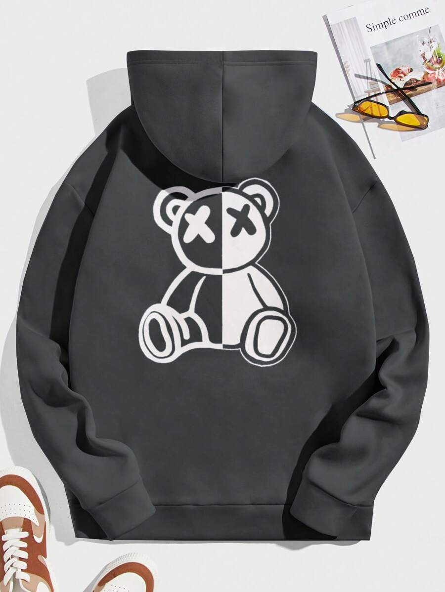 Manfinity VCAY Men Bear Print Drawstring Hoodie - Dark Grey - View 1