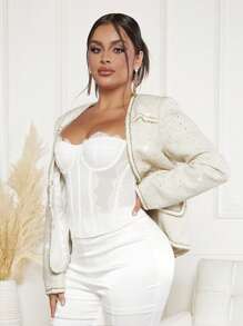 SHEIN SXY 拼接邊翻蓋細節粗花呢花呢外套 - 米色 - 查看 4