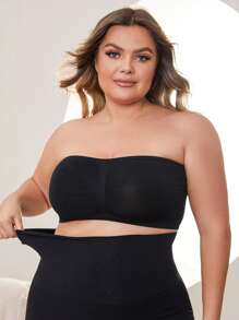 NudeFit Plus Size Black Strapless Tube Top And High Waist Shorts Casual Knitted Outfit Set Comfortable Stretch Plain Design - Black - View 4