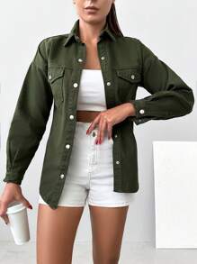 EURMUSE Túi có nắp Thả vai Áo khoác denim - Màu xanh lá cây đậm - Xem 4