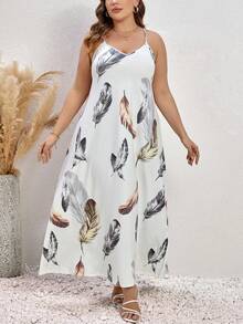 EMERY ROSE 大碼羽毛印花吊帶洋裝 - 白色 - 查看 4