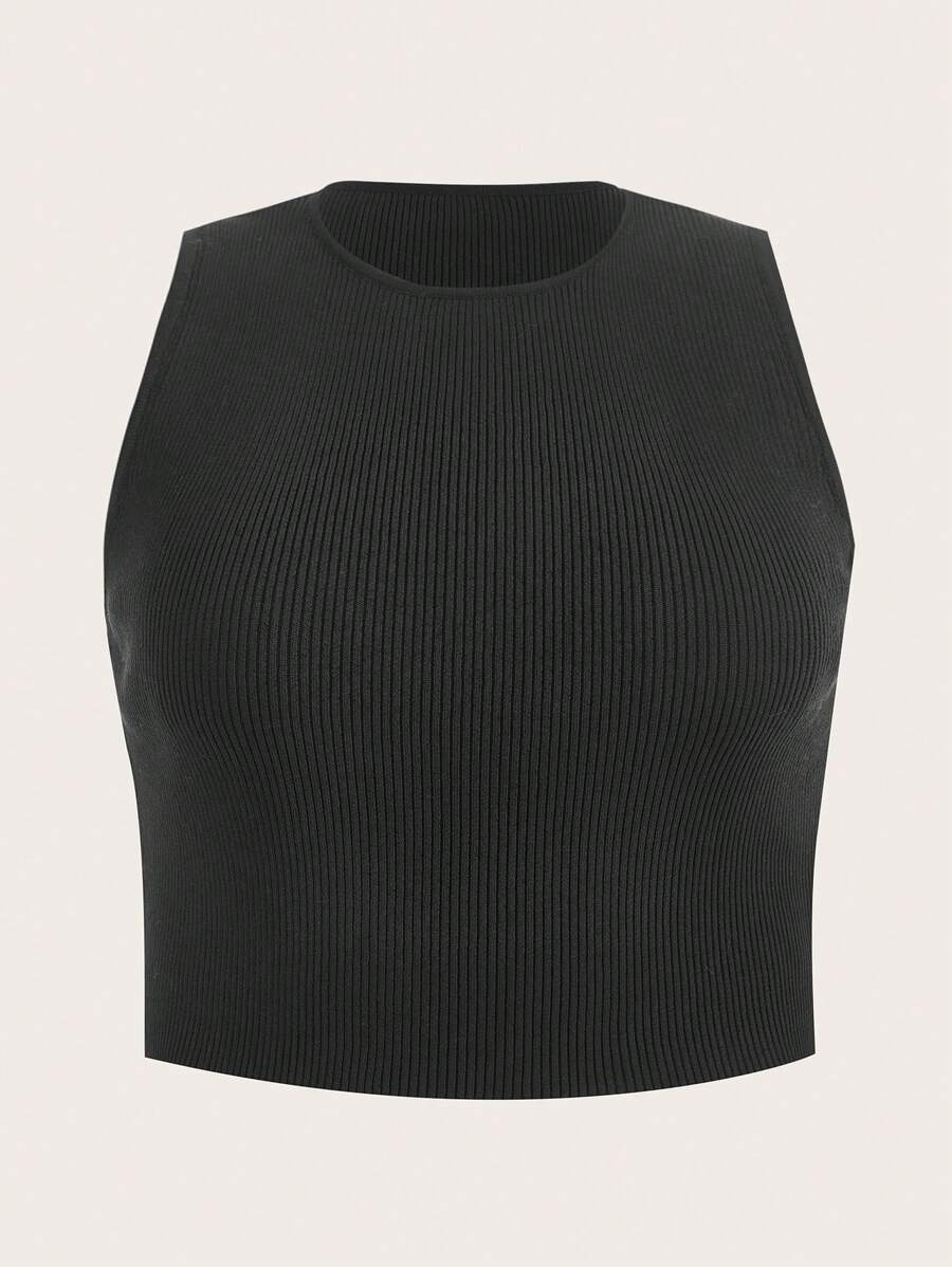 SHEIN BASICS Plus Solid Crop Knit Top - Black - View 1
