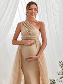 Faeriesty Dressalisa Elegant One-Shoulder Maternity Evening Dress, Mermaid Hem, Delicate Mesh Patchwork, Suitable For Photography, Baby's Full Moon Celebration, Christening, Maternity Photoshoot, And Family Gatherings Spring - Champagne - View 3