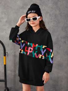 SHEIN Áo nỉ dài tay rộng rãi dành cho bé gái tuổi teen, in chữ nhiều màu sắc. - màu đen - Xem 4