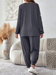 SHEIN LUNE 大碼星星印花落肩袖衛衣和衛褲 - 深灰色 - 查看 5