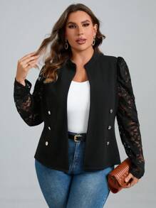 Chikora 大碼蕾絲拼接紐扣細節夾克不附吊帶上衣 - 黑色 - 查看 2