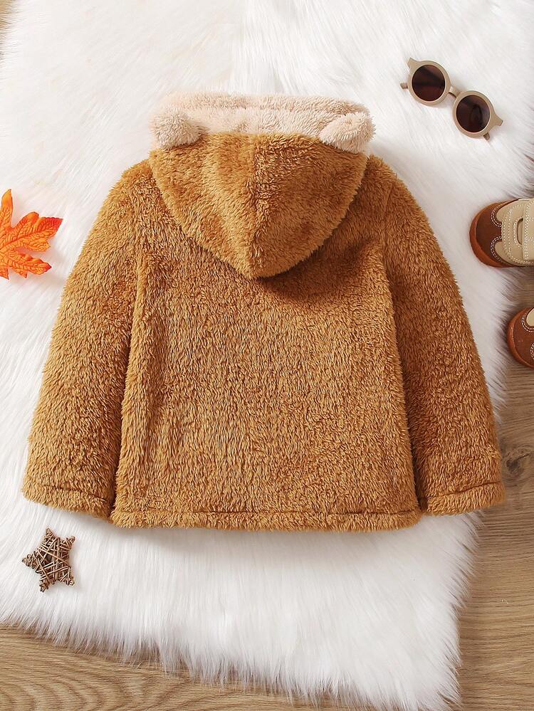 Chàng trai trẻ Thư được vá Túi kangaroo Thiết kế tai 3D áo có mũ Áo Teddy Jackets - màu nâu - Xem 2