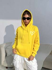 SHEIN EZwear In Trái tim Túi kangaroo Thả vai Dây rút Hoodie - Màu vàng - Xem 5