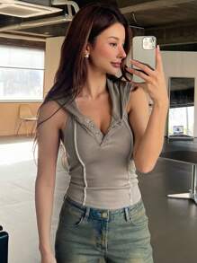 Half Button Contrast Binding Halter Top - Grey - View 7