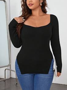 SHEIN Essnce Plus Scoop Neck Split Hem Sweater, For Winter - Black - View 6