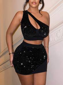 SHEIN SXY 單肩短款亮片上衣&包臀半身裙 - 黑色 - 查看 5