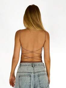 SHEIN EZwear Solid Crisscross Backless Cami Top, Going Out Top - Brown - View 2