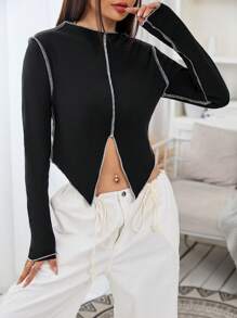 SHEIN EZwear 頂針下擺開叉T恤 - 黑色 - 查看 3