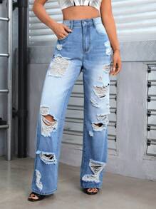 SHEIN ICON Rách Quần legging thẳng - Rửa nhẹ - Xem 5