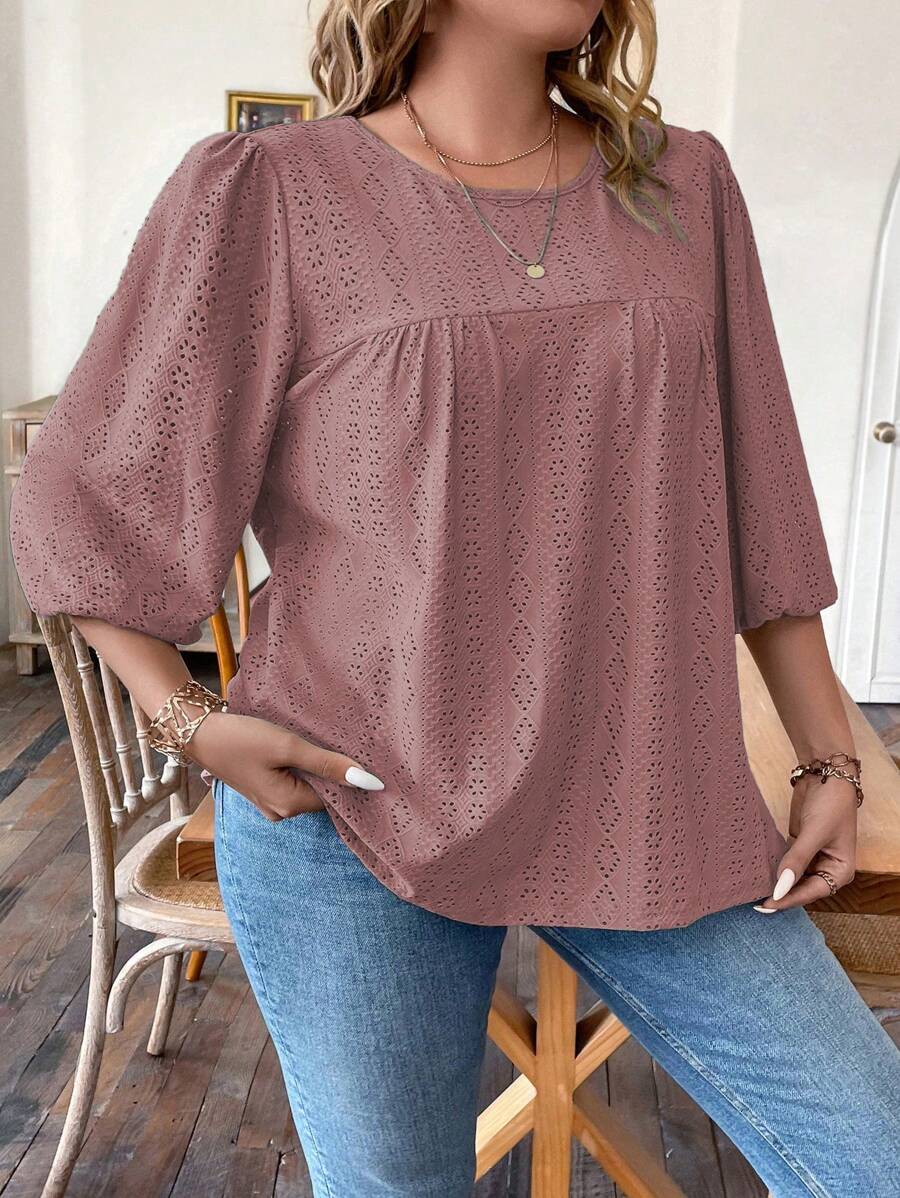 SHEIN LUNE 大碼網眼刺繡燈籠袖T恤 - 藕粉色 - 查看 1