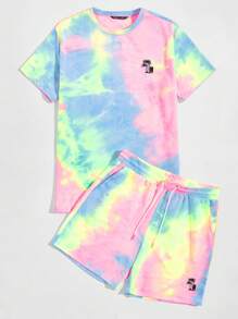 Manfinity VCAY Men Tie Dye Tropical Embroidered Top & Shorts Set - Multicolor - View 1