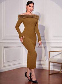 Modelyn Off Shoulder Fuzzy Trim Bodycon Sweater Dress - Chocolate Brown - View 4