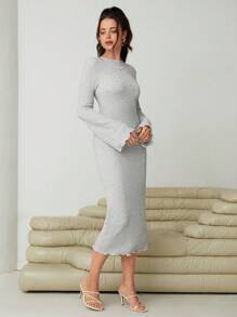 SHEIN Essnce Lettuce Trim Flounce Sleeve Bodycon Dress - Grey - View 6