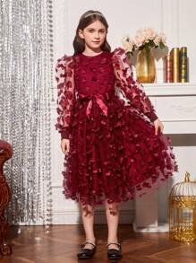 SHEIN 女大童1入組貼花網紗覆蓋腰帶潮汐洋裝適用於聖誕 - 酒紅色 - 查看 1