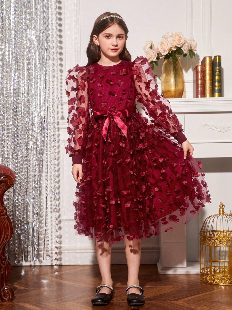 SHEIN 女大童1入組貼花網紗覆蓋腰帶潮汐洋裝適用於聖誕 - 酒紅色 - 查看 1