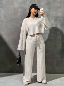 SHEIN EZwear Plus Drop Shoulder Crop Tee & Pants - Khaki - View 1