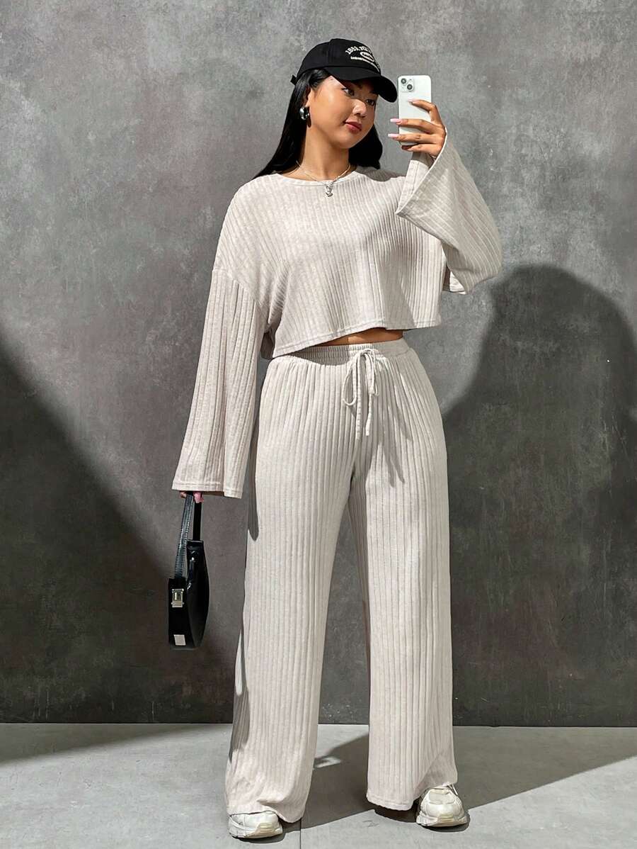 SHEIN EZwear Plus Drop Shoulder Crop Tee & Pants - Khaki - View 1