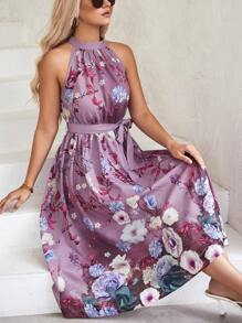 SHEIN Clasi 印花腰帶掛脖洋裝 - 紫色 - 查看 5