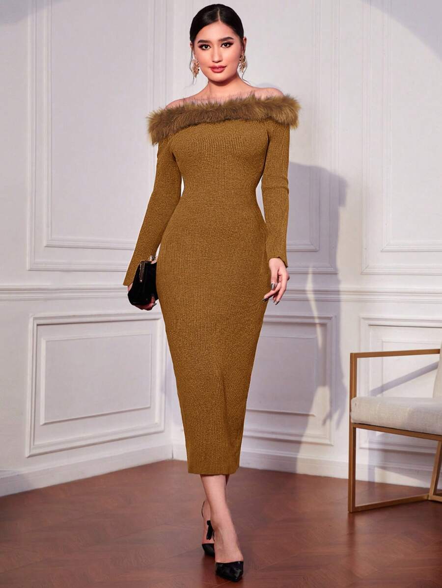 Modelyn Off Shoulder Fuzzy Trim Bodycon Sweater Dress - Chocolate Brown - View 1