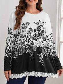 EMERY ROSE 大碼印花網紗拼接刺繡T恤 - 黑與白 - 查看 3