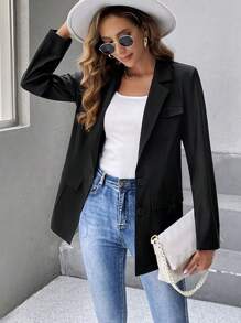 SHEIN LUNE Cổ áo Chi tiết về Flap Ngực đơn Áo vest - màu đen - Xem 1