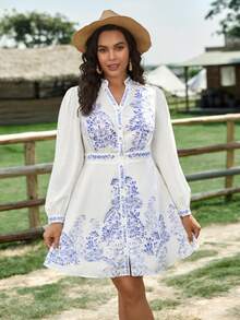 SHEIN VCAY Cộng với váy tay áo in hoa - Xanh và trắng - Xem 4